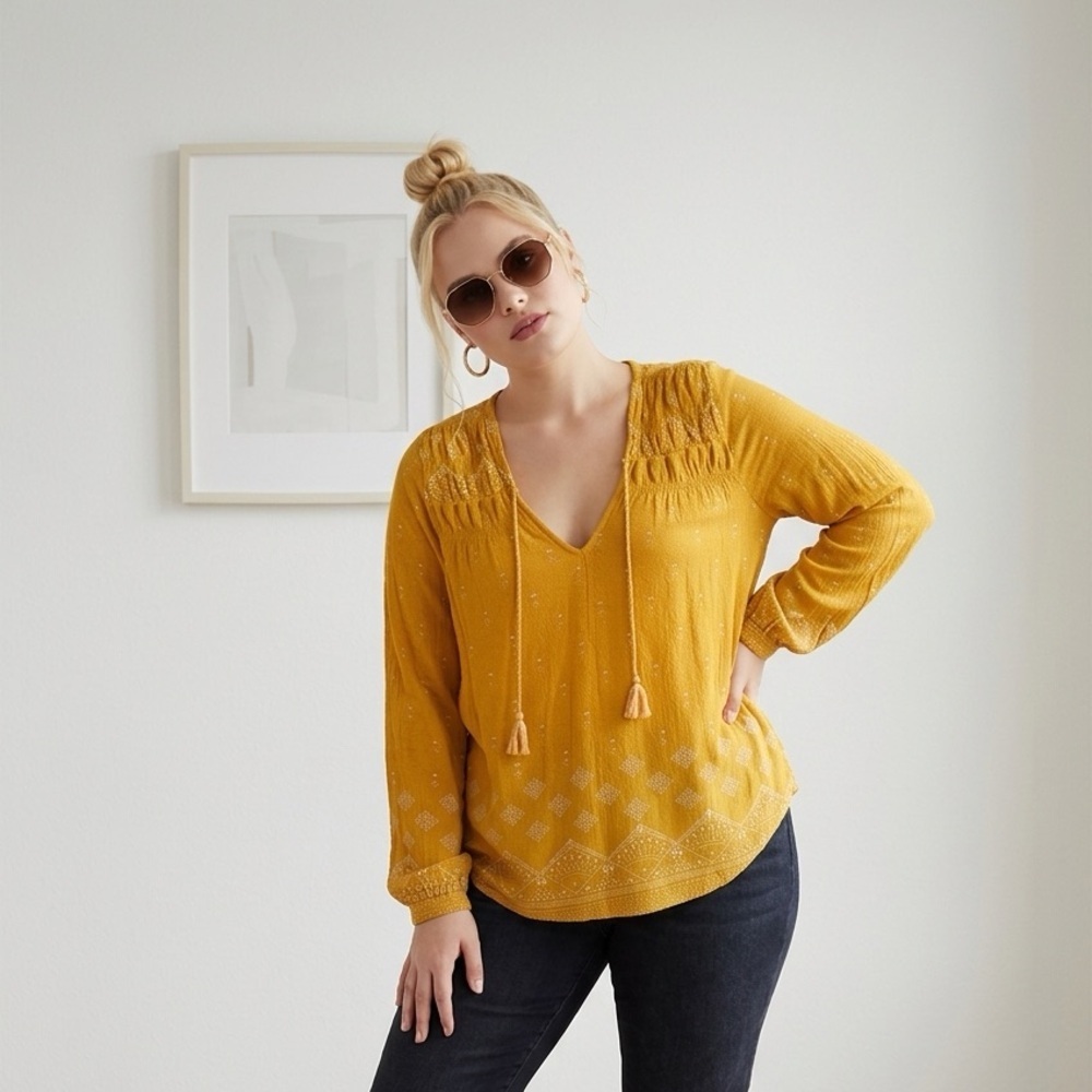 Lucky Brand Mustard Yellow Embroidered Tunic